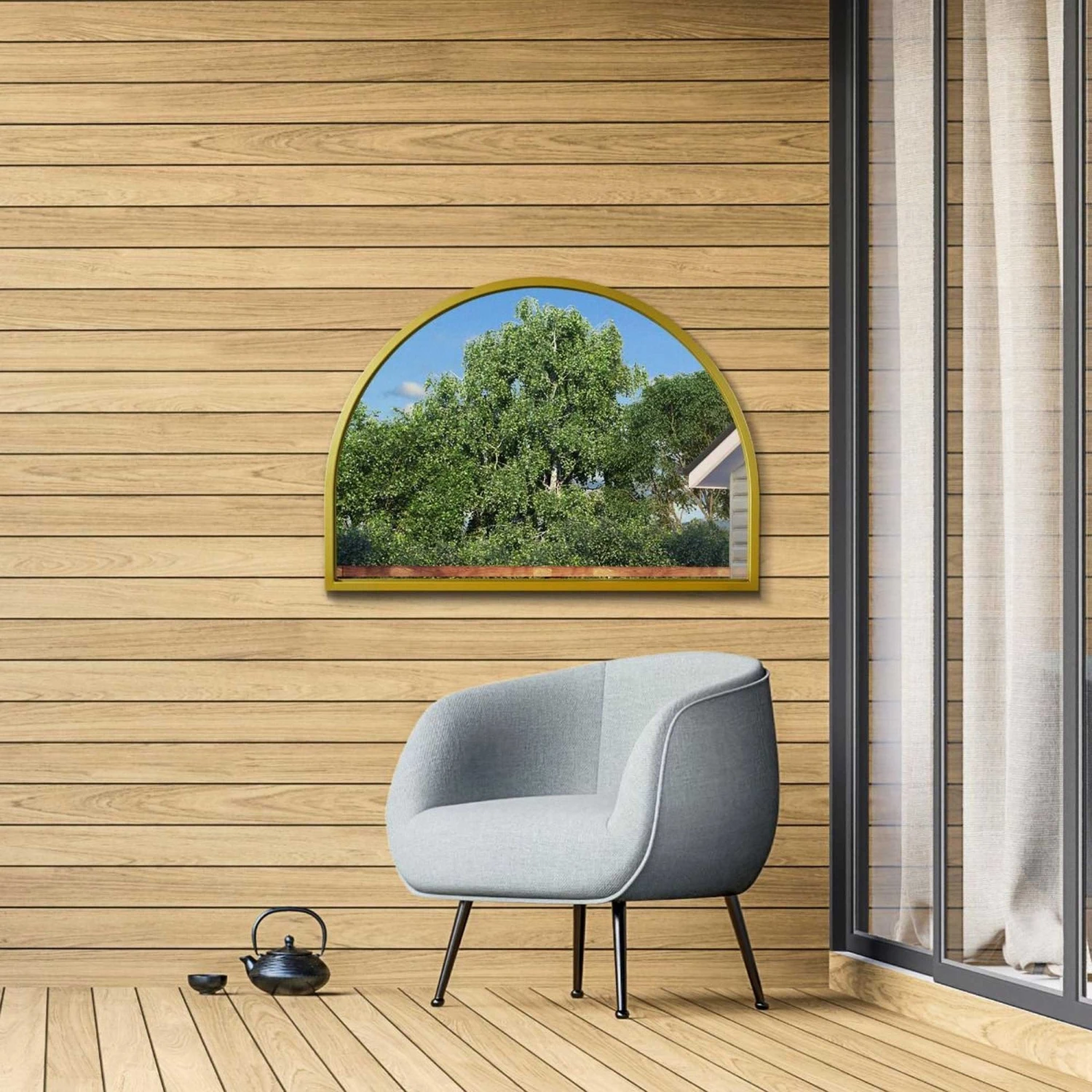 Arcus Gold Metal Framed Arched Garden Wall Mirror - 125x90cm 2 Arcus Gold Metal Framed Arched Garden Wall Mirror - 125x90cm - Image 2