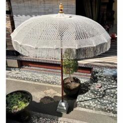 Bali White Macrame Sun Parasol (With Screw Pole Fitting) -Garden Furniture Sales bali white macrame sun parasol with screw pole fitting p80214 167442 zoom