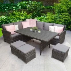 Charlotte Grey Rattan Corner Sofa Dining Set With Wood Effect Table