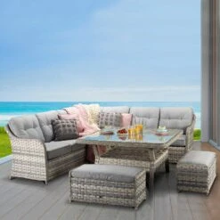 Constance Silver Grey Rattan Corner Sofa Dining Set
