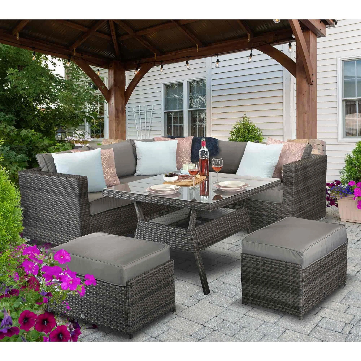 Georgia Grey Rattan Compact Corner Sofa Dining Set With 2 Benches 1 Georgia Grey Rattan Compact Corner Sofa Dining Set With 2 Benches