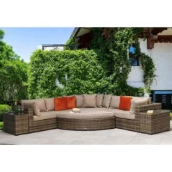Jessica Brown Rattan Large Corner Sofa With Pouffe And End Tables