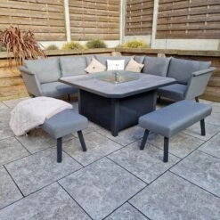 Luna Grey L Shaped Sofa 2 With Ottomans And Gas Fire Pit Table