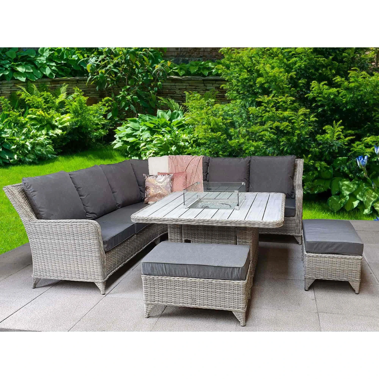 Meghan Cream Grey Rattan Corner Sofa Dining Set With Firepit Table 1 Meghan Cream Grey Rattan Corner Sofa Dining Set With Firepit Table