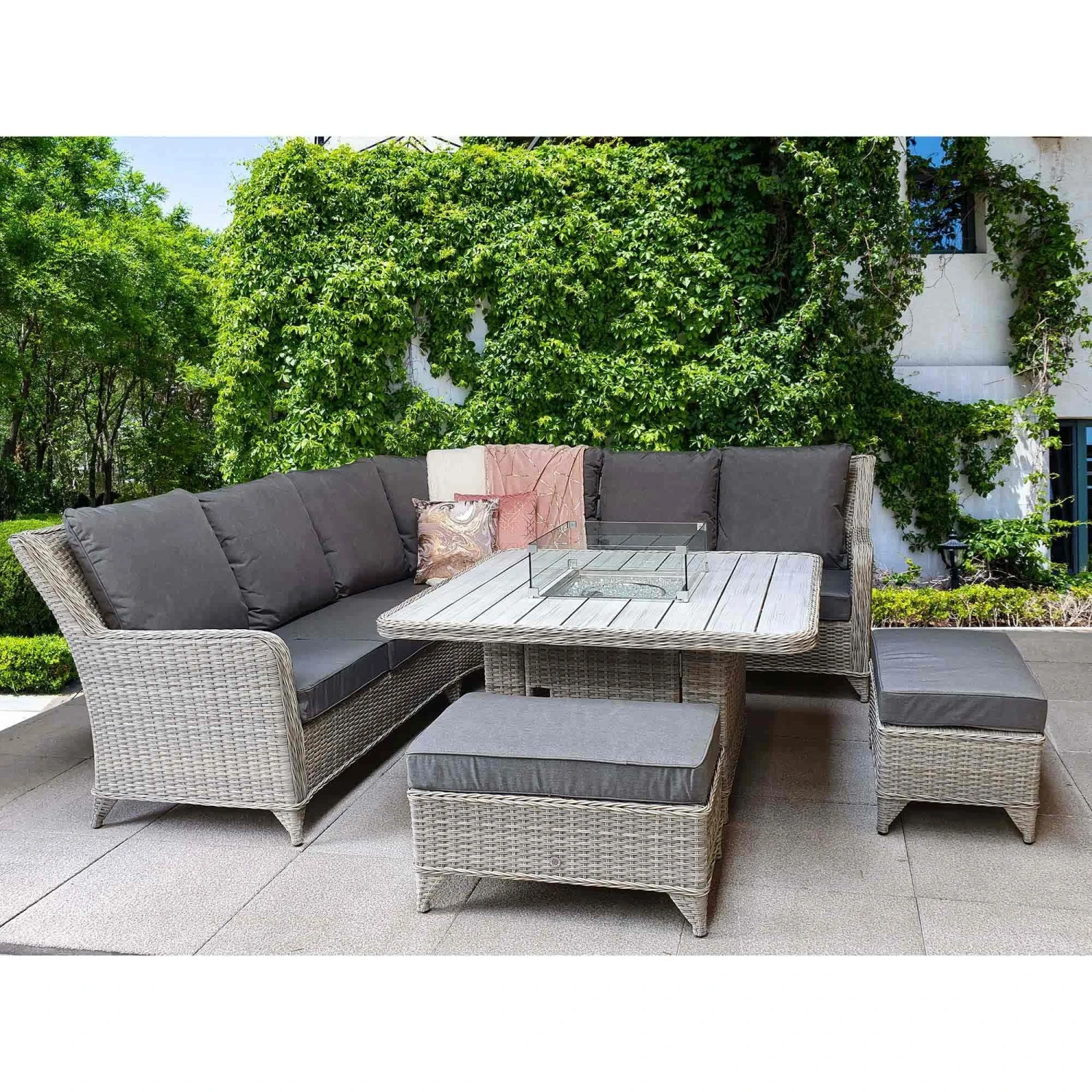 Meghan Cream Grey Rattan Corner Sofa Dining Set With Firepit Table 2 Meghan Cream Grey Rattan Corner Sofa Dining Set With Firepit Table - Image 2