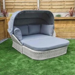 Meghan Cream Grey Rattan Day Bed With Grey Canopy Hood
