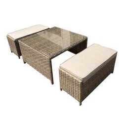 Sarah Natural Rattan Coffee Table With 2 Ottomans