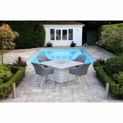 White Patterned Top Square Outdoor Dining Table With Firepit