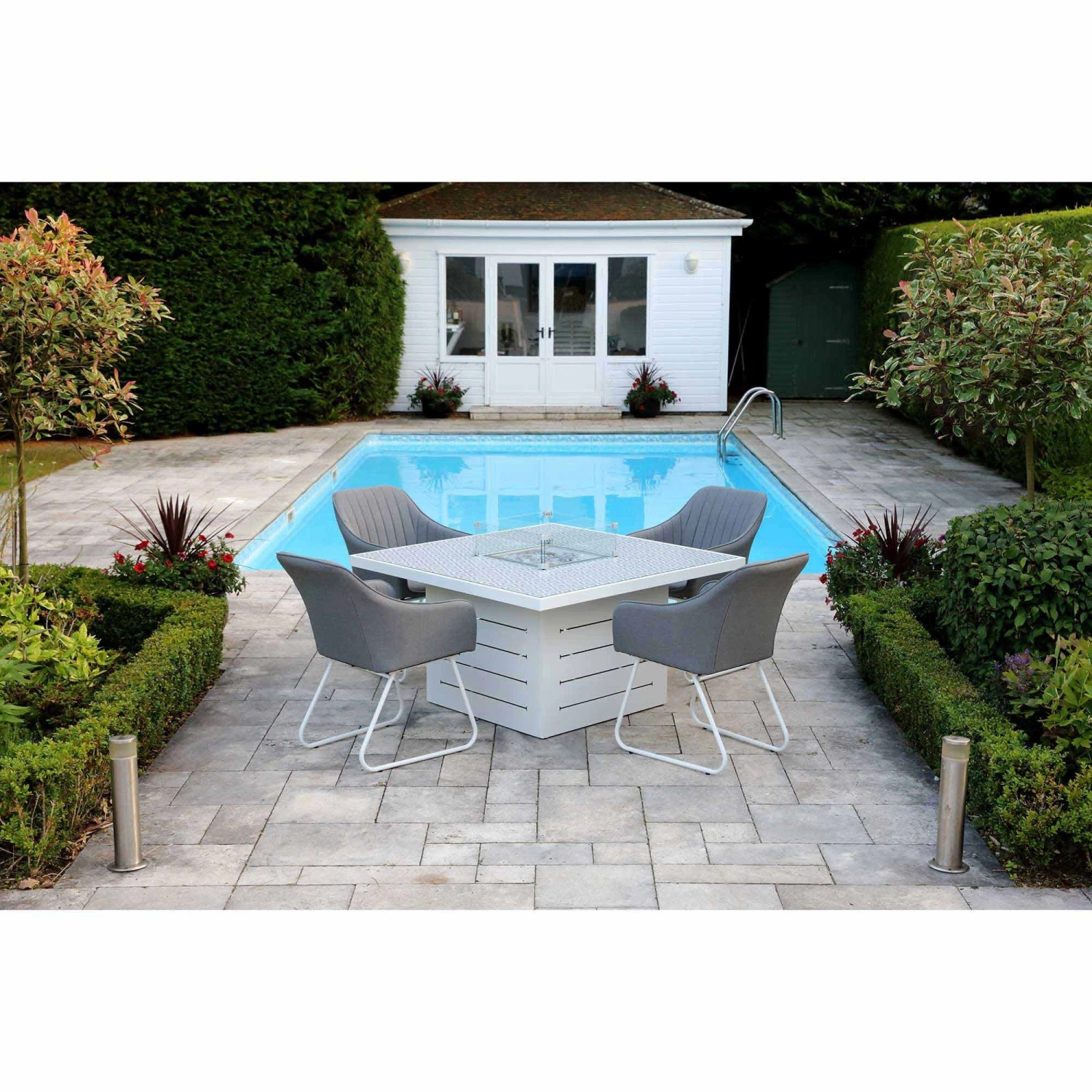 White Patterned Top Square Outdoor Dining Table With Firepit 1 White Patterned Top Square Outdoor Dining Table With Firepit
